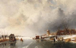 Charles Leickert - A winter landscape with figures on the ice by a windmill with a \'Koek-en-Zopie\'