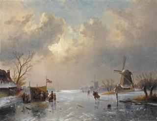 Charles Leickert - A Winter Landscape With Figures On The Ice Near A Koek-En-Zopie