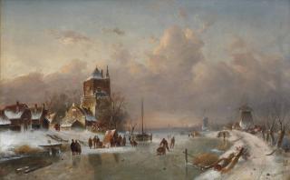 Charles Leickert - A winter landscape with figures on the ice near a \'koek-en-zopie\'