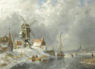 Charles Leickert - A winter landscape with figures on the ice