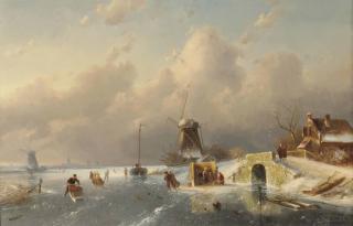 Charles Leickert - A winter landscape with skaters near a koek-en-zopie