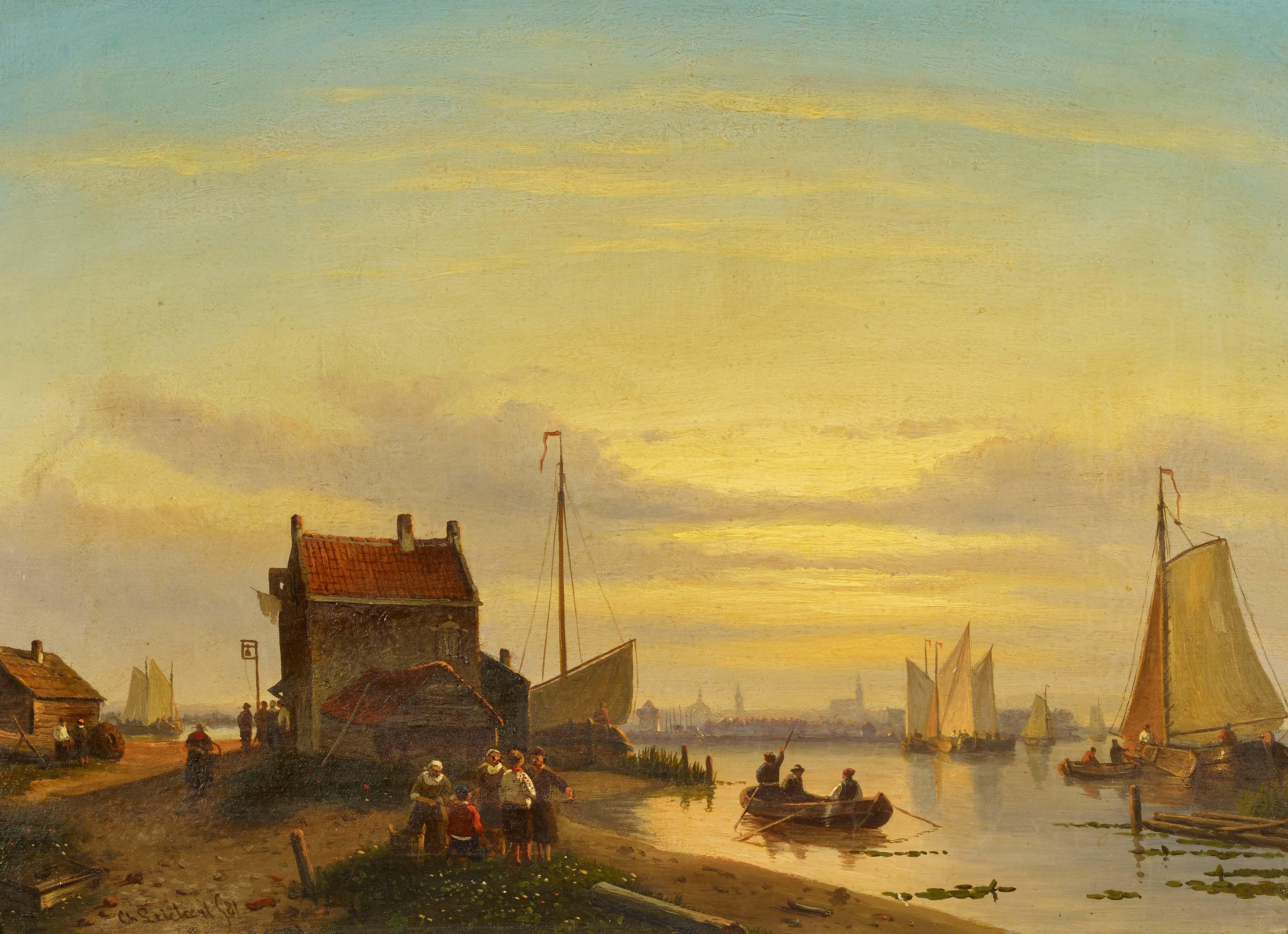 Charles Leickert - Abendstimmung am Fährhaus an der IJ vor Amsterdam.