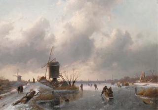 Charles Leickert - An extensive winter landscape at dusk with skaters on the ice and a koek and zopie in the distance