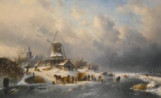 Charles Leickert - Belgian winter Landscape With Skating Figures