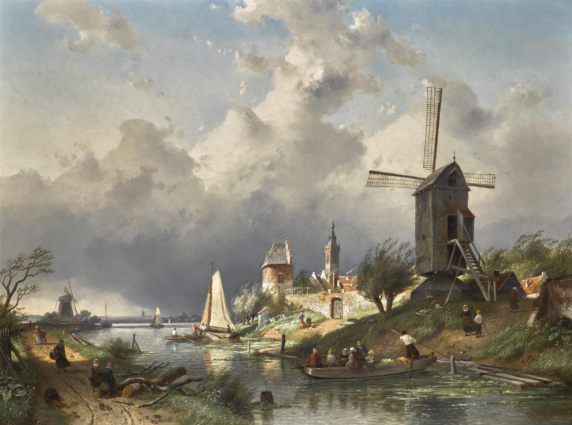 Charles Leickert - Dutch river Landscape With Windmill