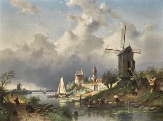 Charles Leickert - Dutch river Landscape With Windmill