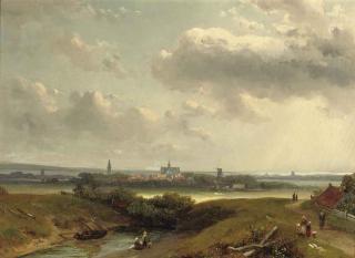 Charles Leickert - Figures conversing along a country path, a Dutch town in the distance