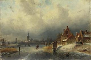 Charles Leickert - Figures on the ice by a Dutch town