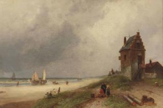 Charles Leickert - Fishermen and fishing vessels on the beach