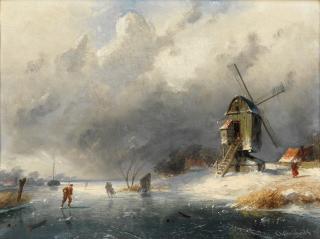 Charles Leickert - Frozen river scene with figures skating and a windmill