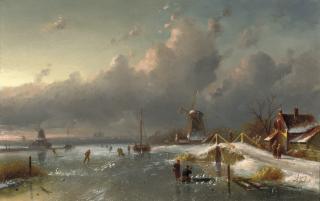 Charles Leickert - Ice-Fishing On A Frozen River At Dawn
