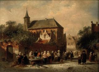 Charles Leickert - Market day near a church on a sunny day