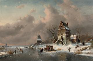 Charles Leickert - Numerous skaters near a koek-en-zopie on a frozen waterway by a mansion