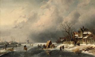Charles Leickert - Numerous skaters near a koek-en-zopie on a frozen waterway