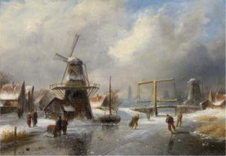 Charles Leickert - Overtoom bij Amsterdam: skaters on a frozen canal