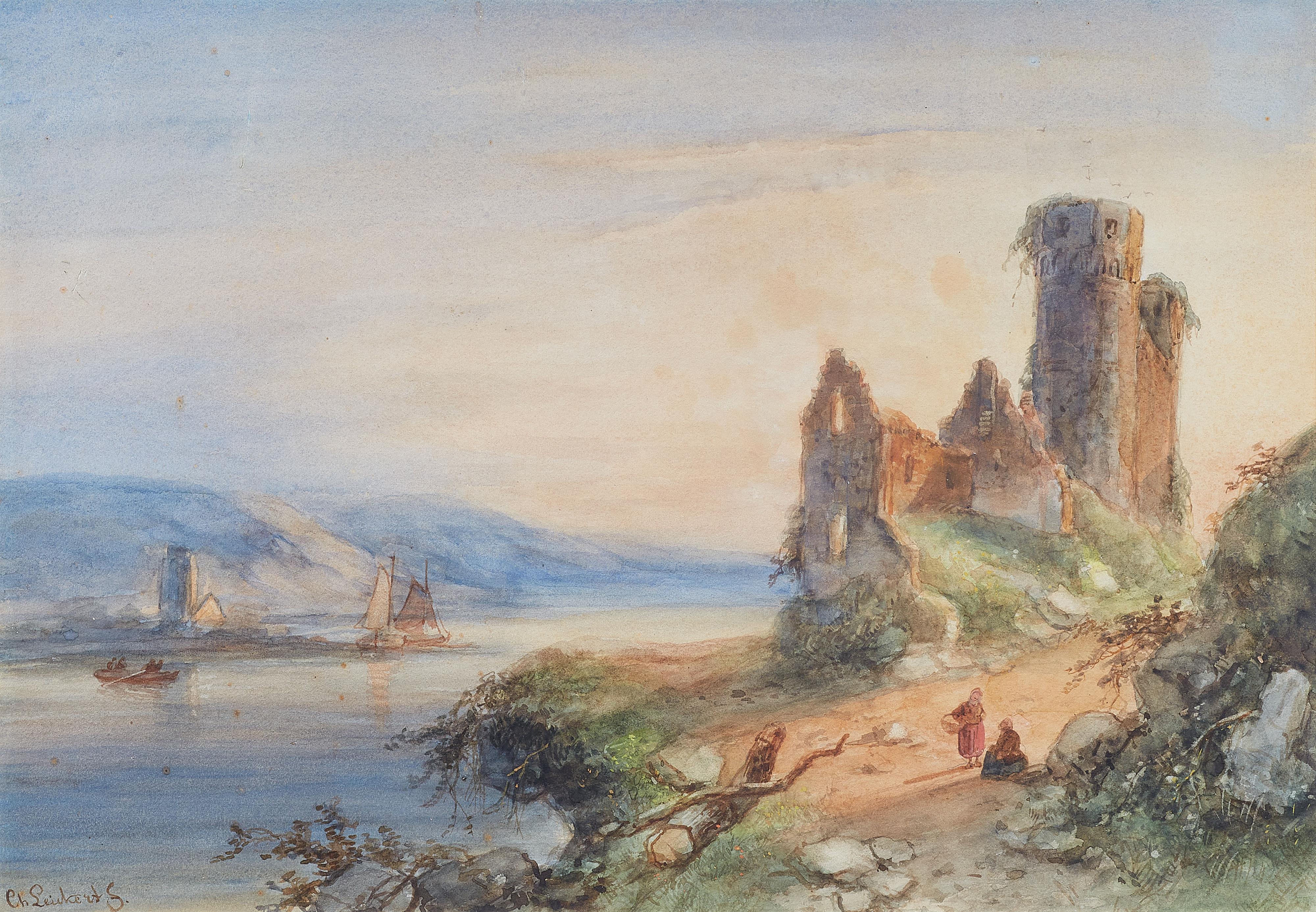 Charles Leickert - Rheinlandschaft mit Burgruine