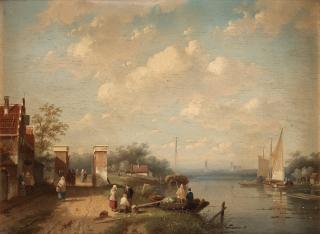 Charles Leickert - River landscape with figures