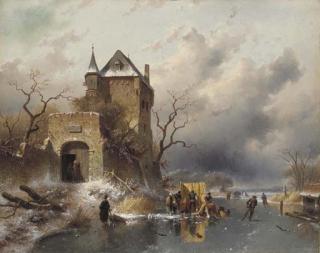 Charles Leickert - Skaters on a Frozen Lake by the Ruins of a Castle
