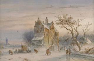 Charles Leickert - Skaters on the ice by a mansion