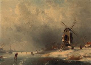 Charles Leickert - Skaters on the ice by a windmill, a storm approaching