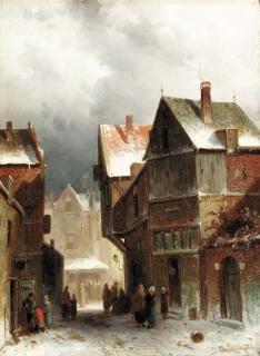 Charles Leickert - Townsfolk on a snowy street