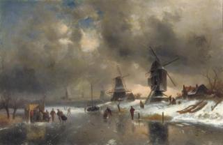 Charles Leickert - Windmills along a frozen waterway with a \'koek en zopie\'