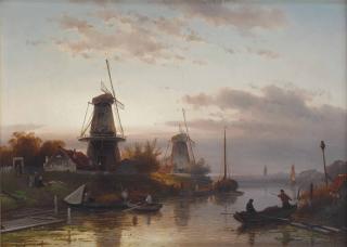 Charles Leickert - Windmills along a river at sunset