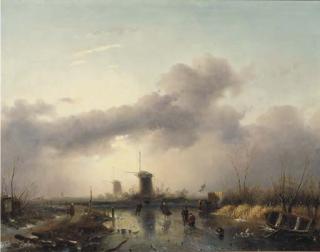 Charles Leickert - Winterlandscape with figures on a frozen river, a koek en zopie beyond