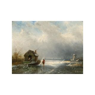 Charles Leickert - Winterlandscape With Figures On A Frozen River , A Windmill In The Distance
