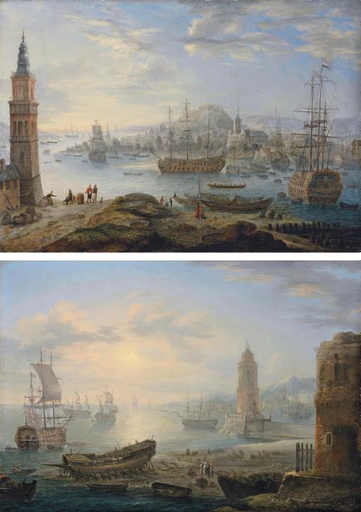 Charles-Leopold Grevenbroeck - A Busy Port With Three-Masters, A Tower In The Left Foreground And Mountains Beyond; And A Coastal Inlet With Three-Masters And Other Boats, A Ruined Tower In The Right Foreground And Mountains Beyond