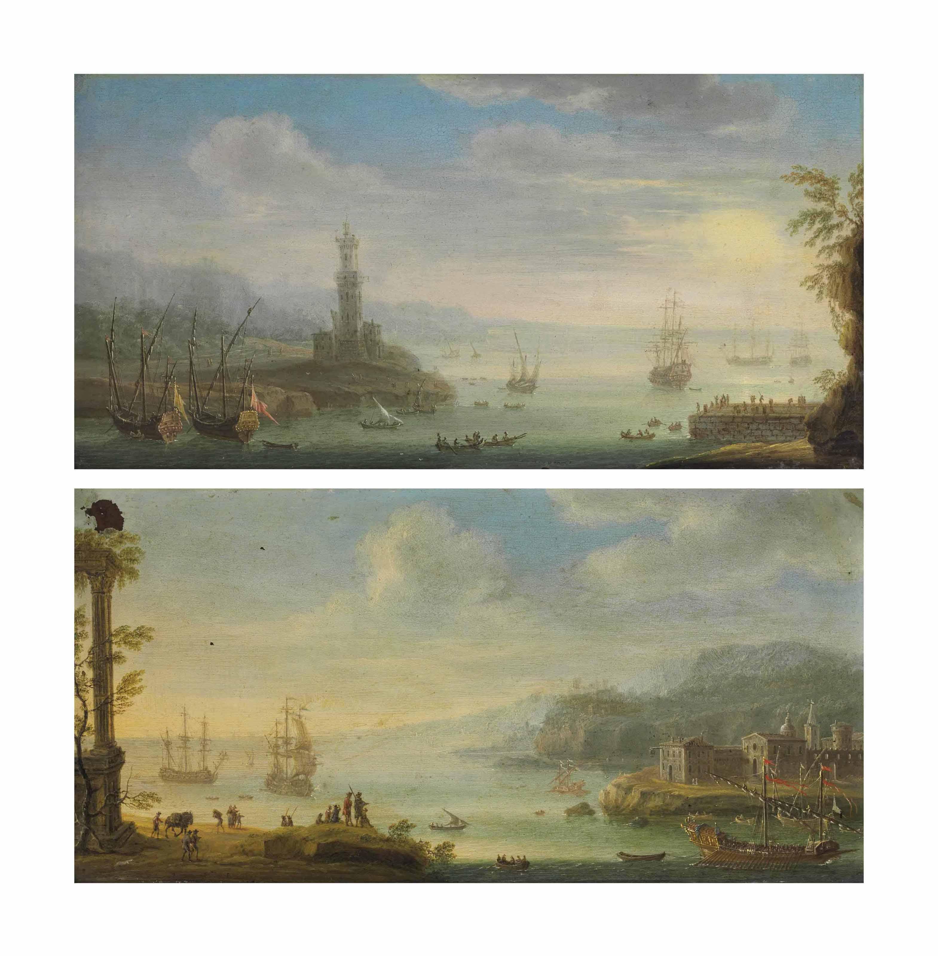 Charles-Léopold Grevenbroeck - An Italianate harbor with a barge, men-o\'-war and other shipping, a walled town beyond; and An Italianate harbor with men-o\'-war and other shipping