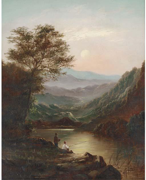Charles Leslie - Cattle watering in a Welsh landscape; and Anglers by a lake