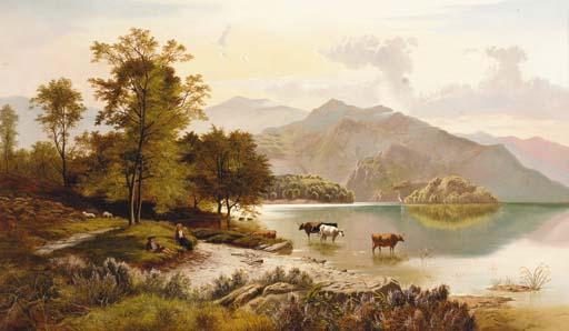 Charles Leslie - Figures resting by a lake with cattle watering in a mountainous landscape