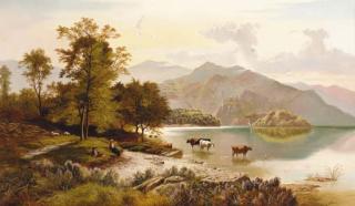 Charles Leslie - Figures resting by a lake with cattle watering in a mountainous landscape
