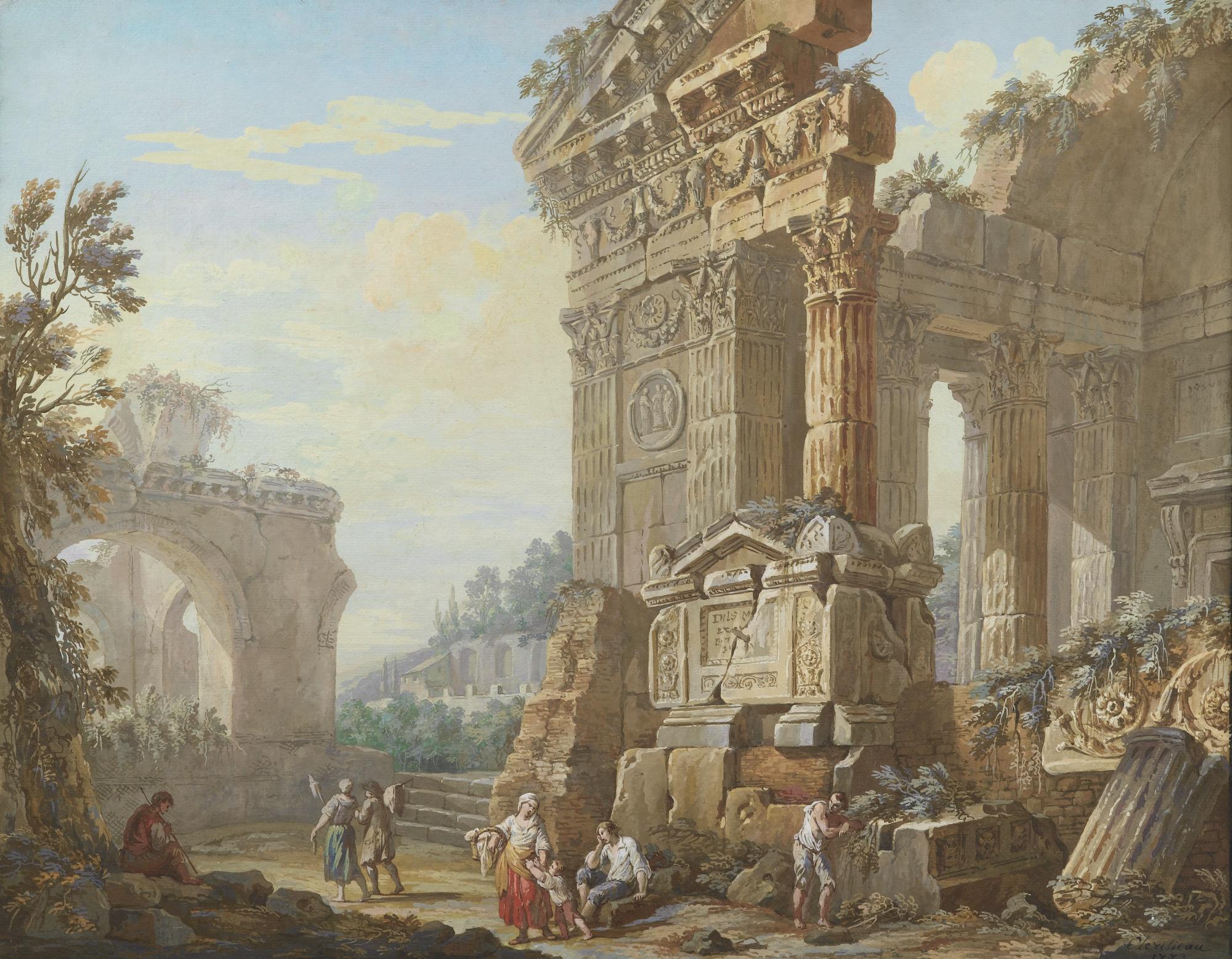 Charles-Louis Clérisseau - A Capriccio Of Classical Ruins With Peasants In The Foreground