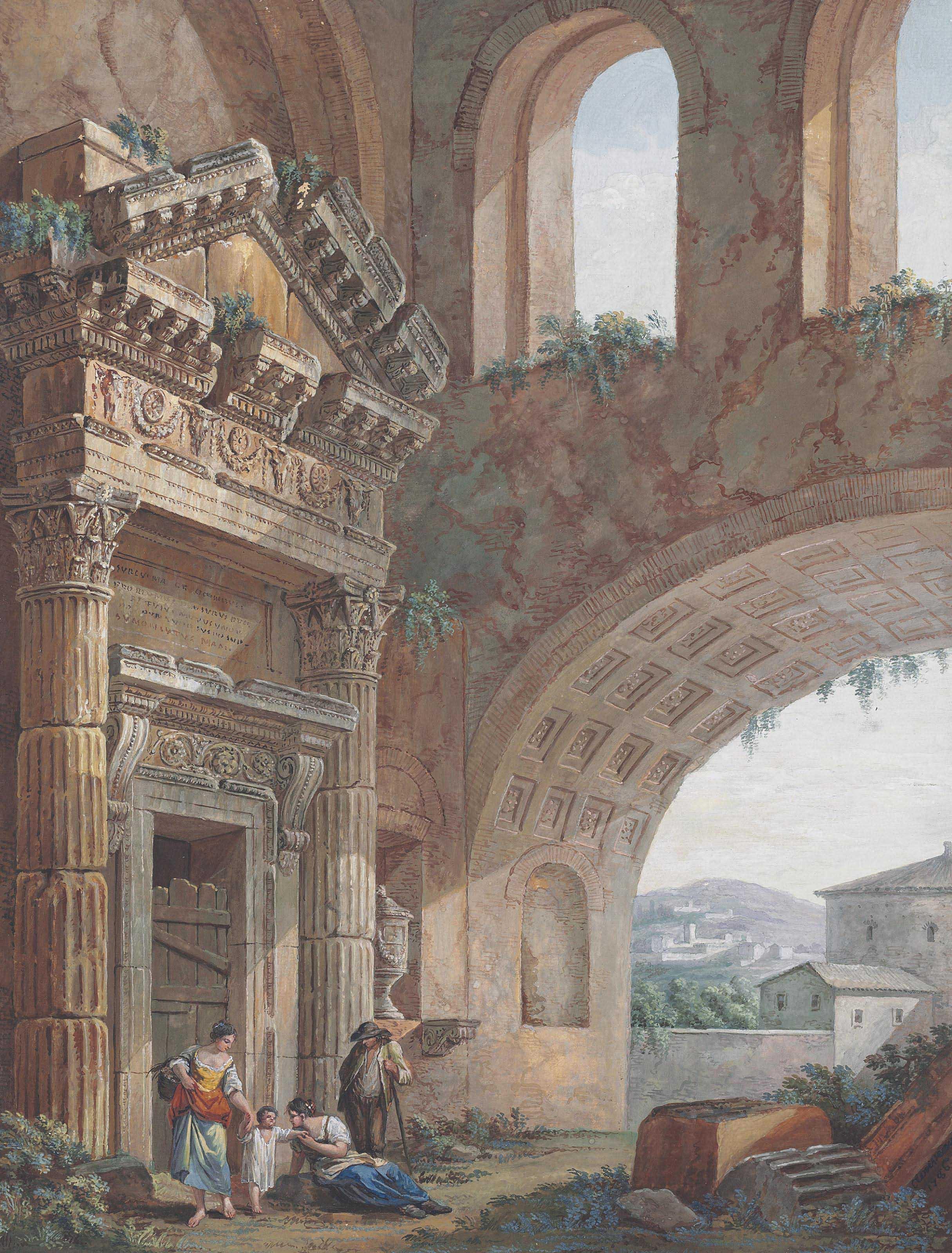 Charles-Louis Clérisseau - A classical capriccio with figures by a great arch