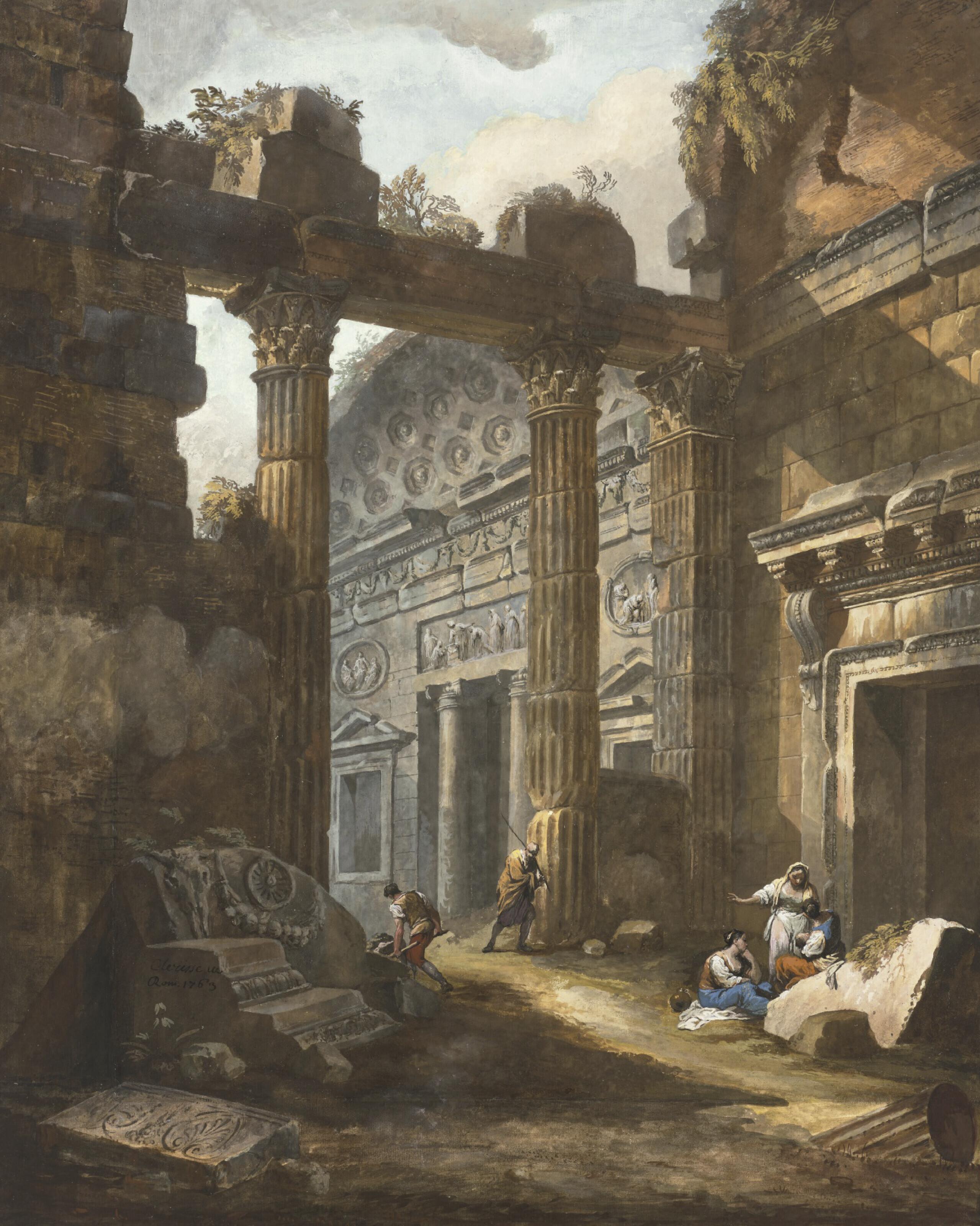 Charles-Louis Clérisseau - An architectural capriccio with a colonnade and two groups of figures sitting and working in the ruins