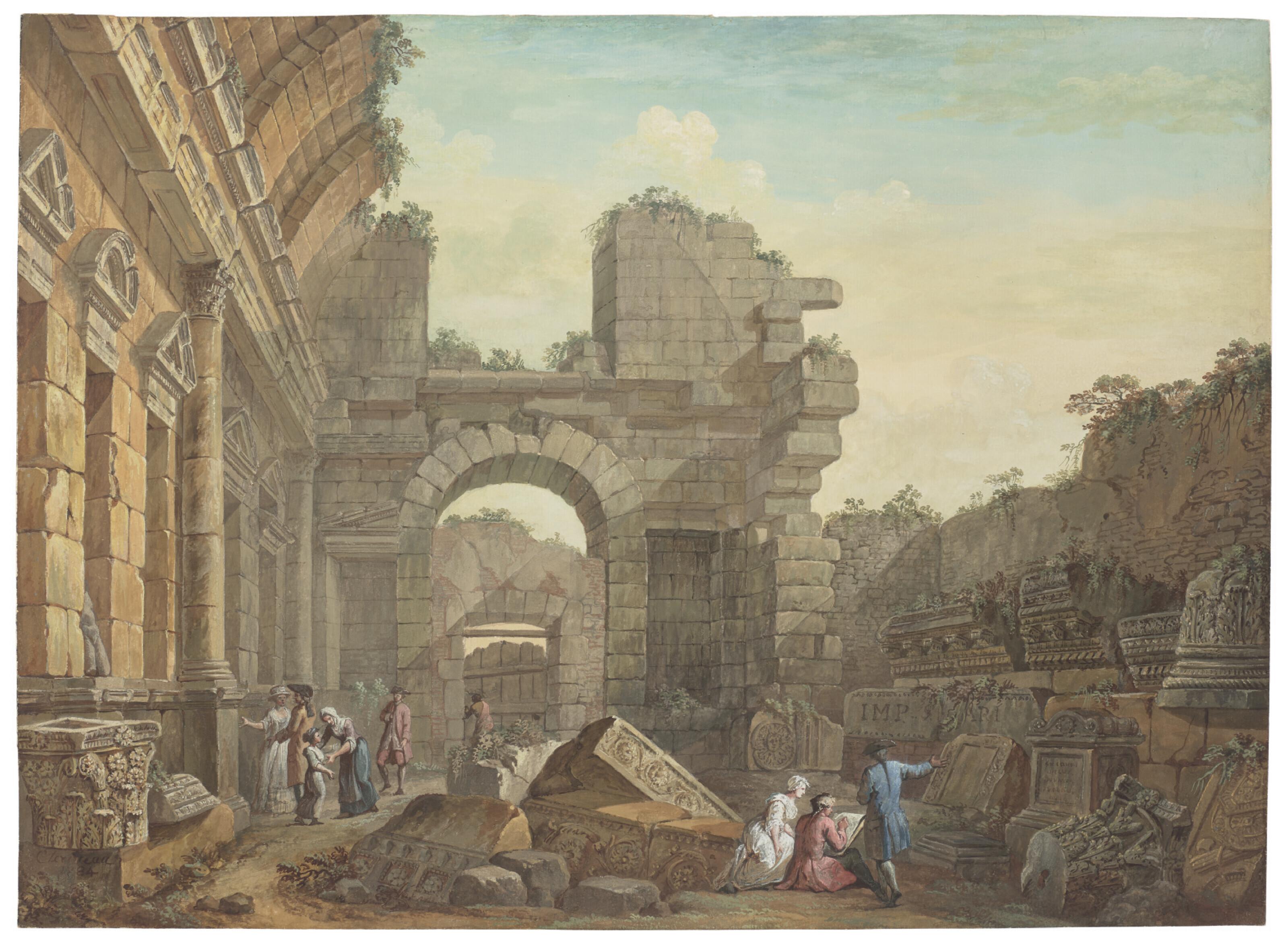 Charles-Louis Clérisseau - An artist sketching and other figures among the ruins of the Temple of Diana at Nîmes (recto); Sketch of the Maison Carrée at Nîmes (verso)