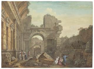 Charles-Louis Clérisseau - An artist sketching and other figures among the ruins of the Temple of Diana at Nîmes (recto); Sketch of the Maison Carrée at Nîmes (verso)