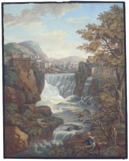 Charles-Louis Clérisseau - An extensive mountainous landscape with a waterfall by a town, peasants fishing and gathering wood in the foreground
