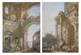 Charles-Louis Clérisseau - Caprice Architectural Avec Figures Sous Une Arcade En Ruine; Et Caprice Architectural Avec Figures Devant Un Arc De Triomphe Et Deux Colonnes Corinthiennes