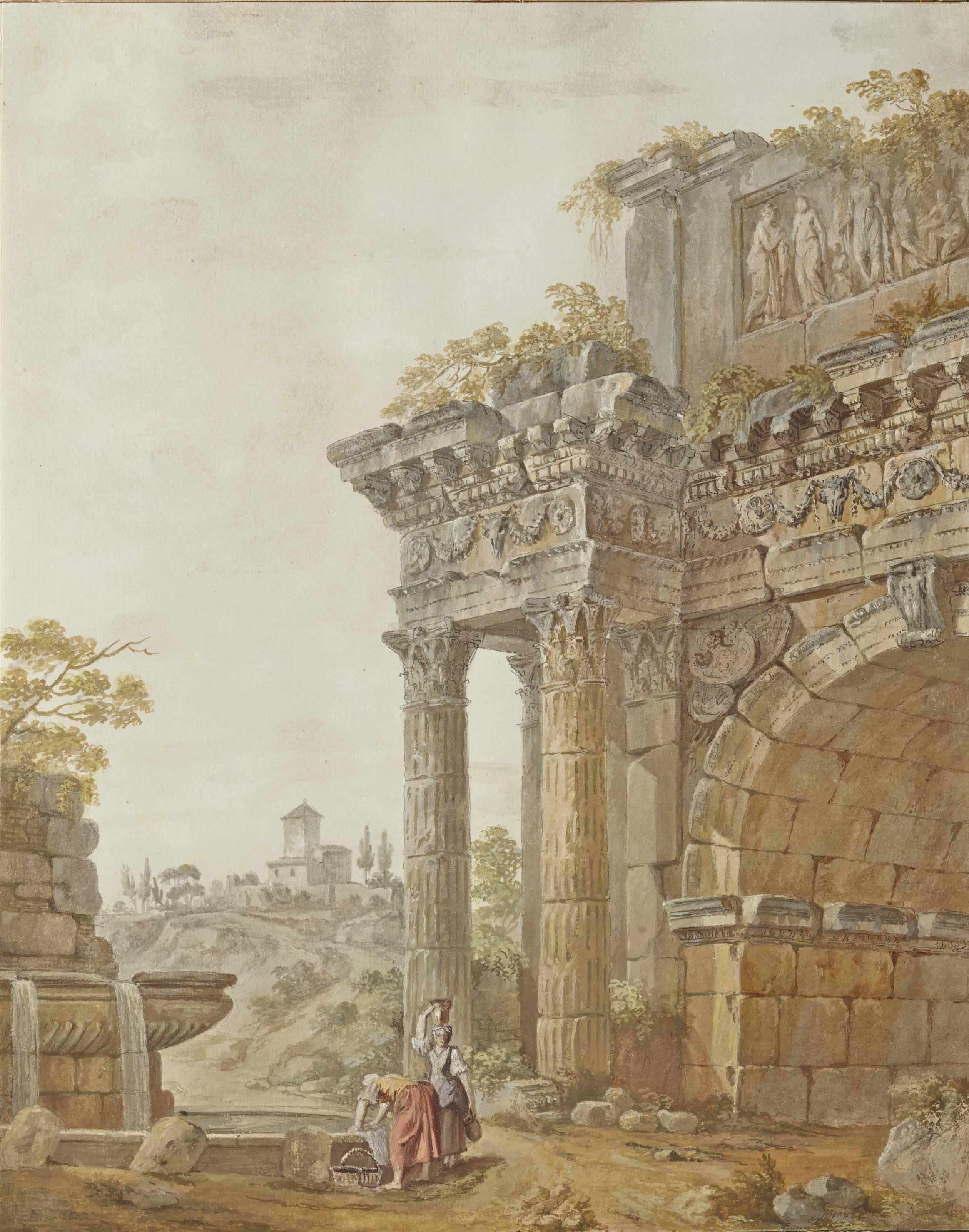Charles-Louis Clerisseau - Femmes À La Fontaine Près D\'Un Arc En Ruines