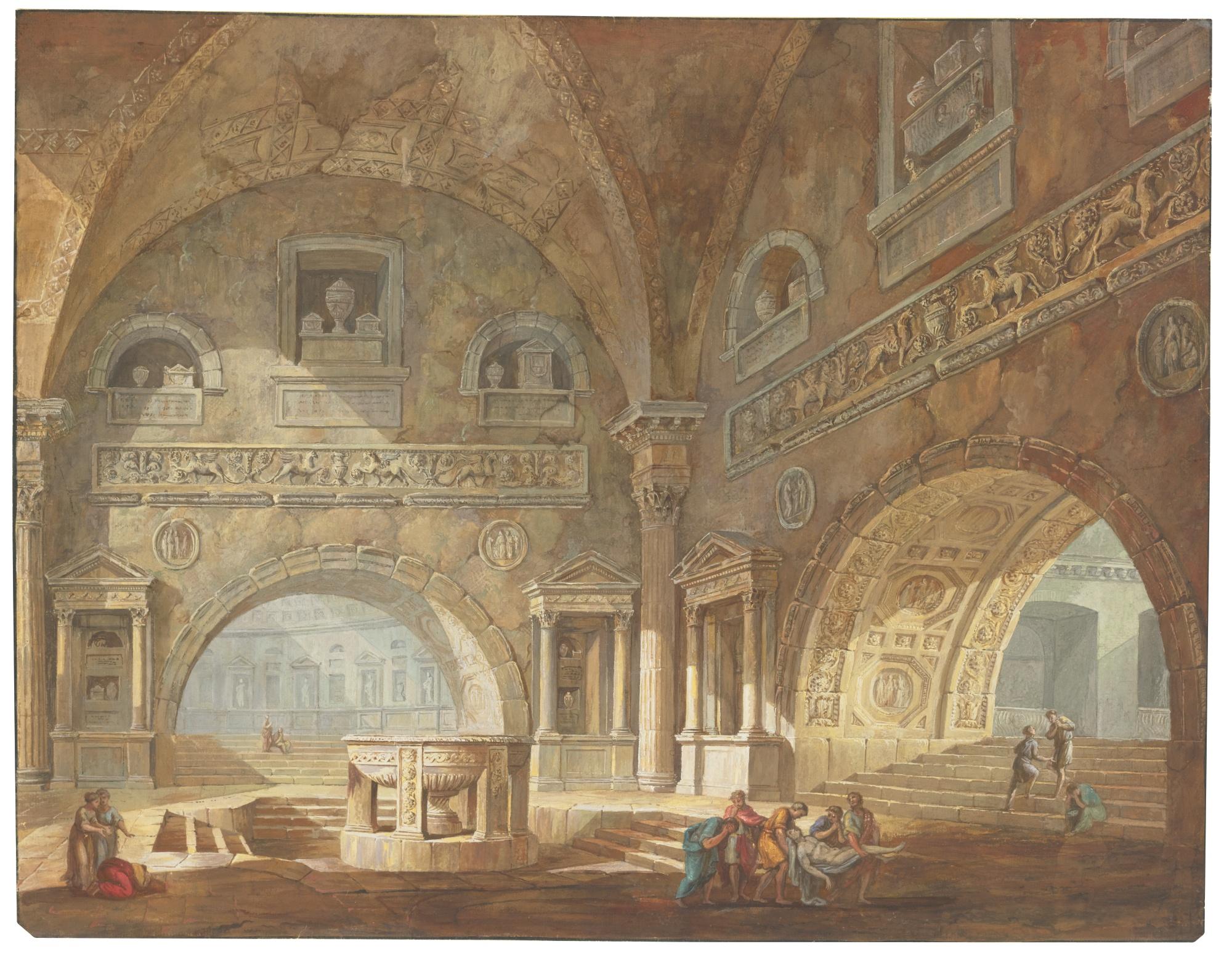 Charles-Louis Clérisseau - Interior Of A Roman Building With Figures Carrying The Body Of A Man
