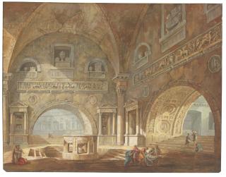 Charles-Louis Clérisseau - Interior Of A Roman Building With Figures Carrying The Body Of A Man