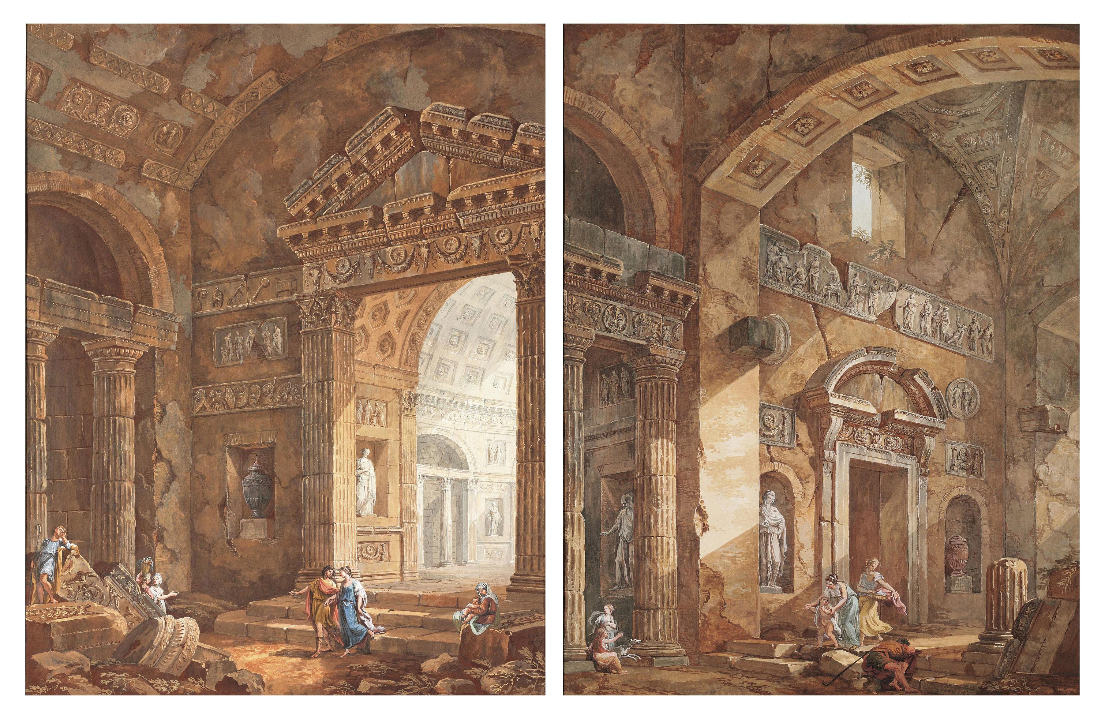 Charles-Louis Clerisseau - Interiors of a Roman basilica with figures