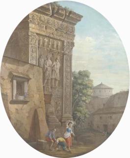 Charles-Louis Clérisseau - The Arch of the Argentieri, Rome, with figures in the foreground