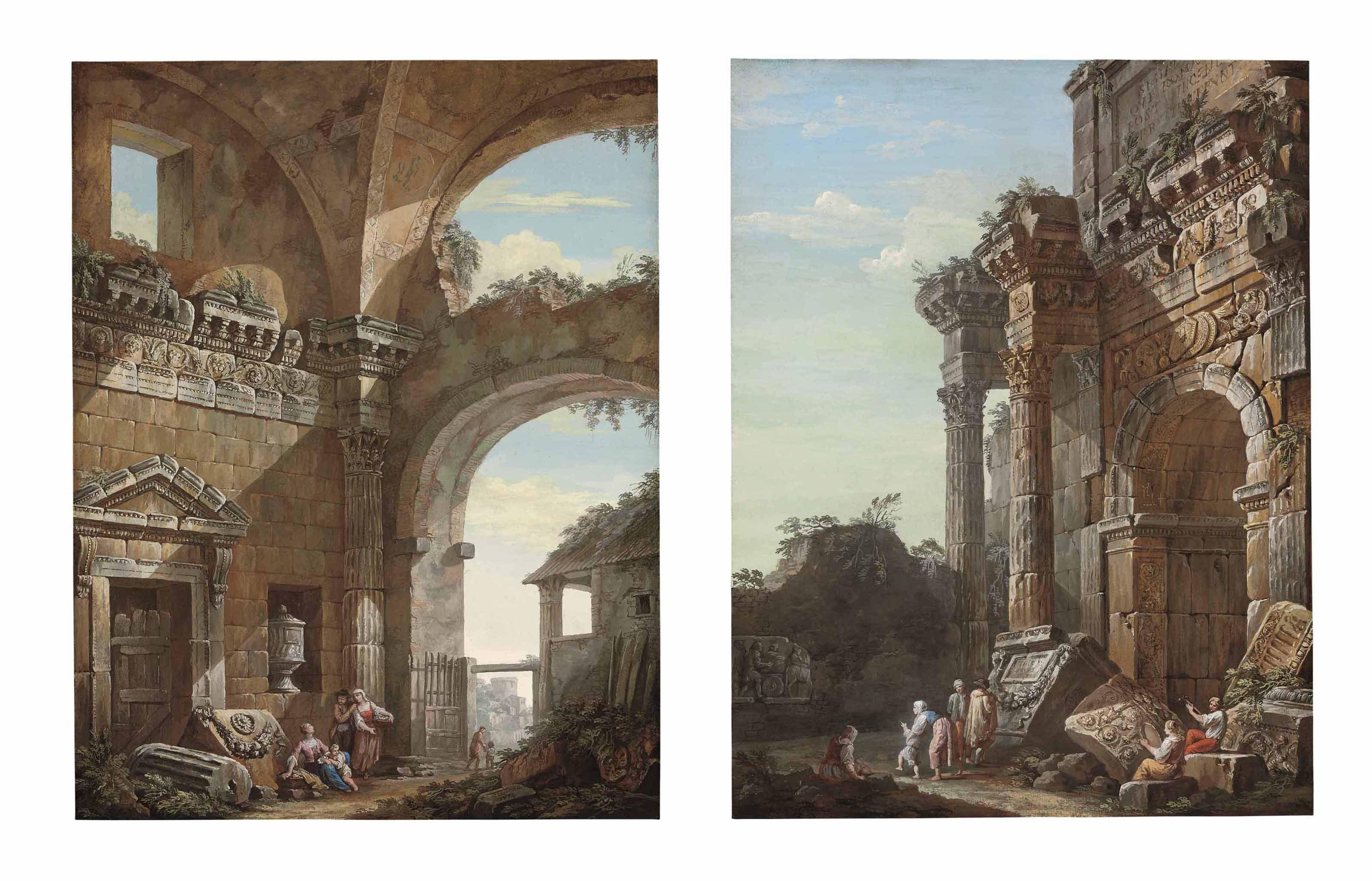 Charles-Louis Clerisseau - Two architectural capricci with peasants, musicians and other figures frolicking among classical ruins
