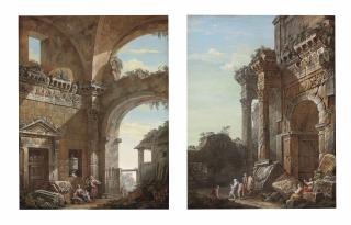 Charles-Louis Clerisseau - Two architectural capricci with peasants, musicians and other figures frolicking among classical ruins