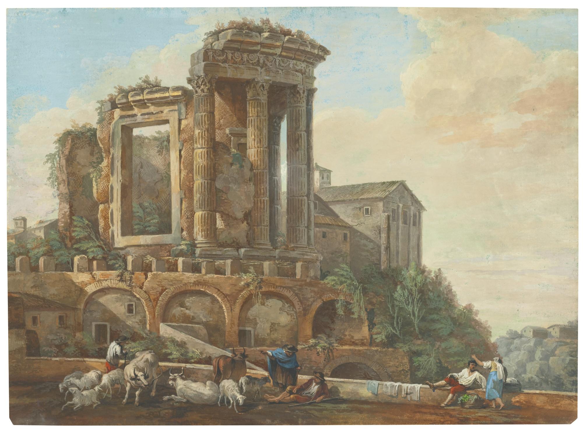 Charles-Louis Clérisseau - View Of The Temple Of Vesta At Tivoli, With Peasants And Herdsmen Resting In The Foreground