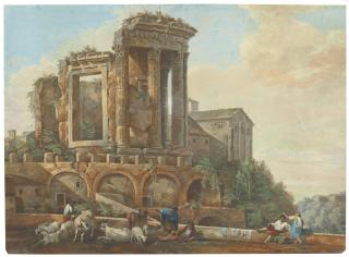 Charles-Louis Clérisseau - View Of The Temple Of Vesta At Tivoli, With Peasants And Herdsmen Resting In The Foreground